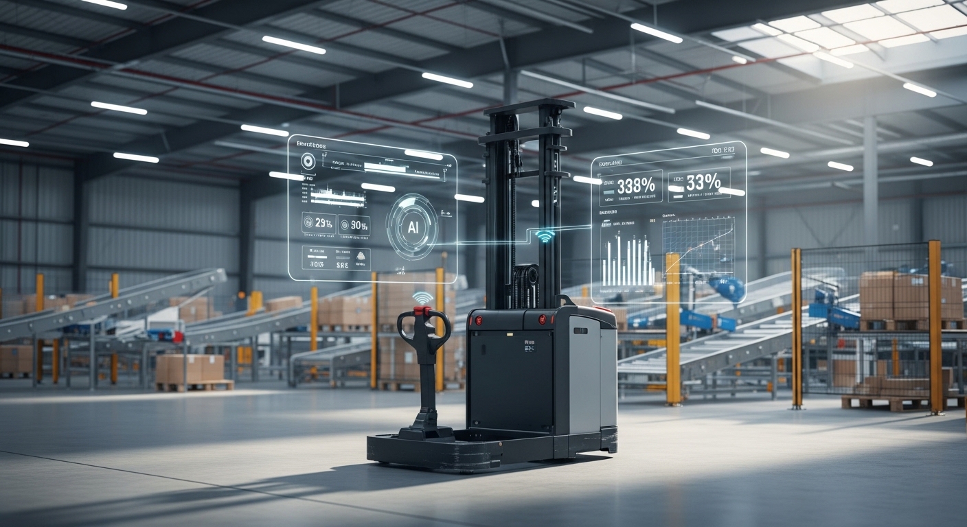 Interior de armazém automatizado com empilhadeira conectada e painéis de dados