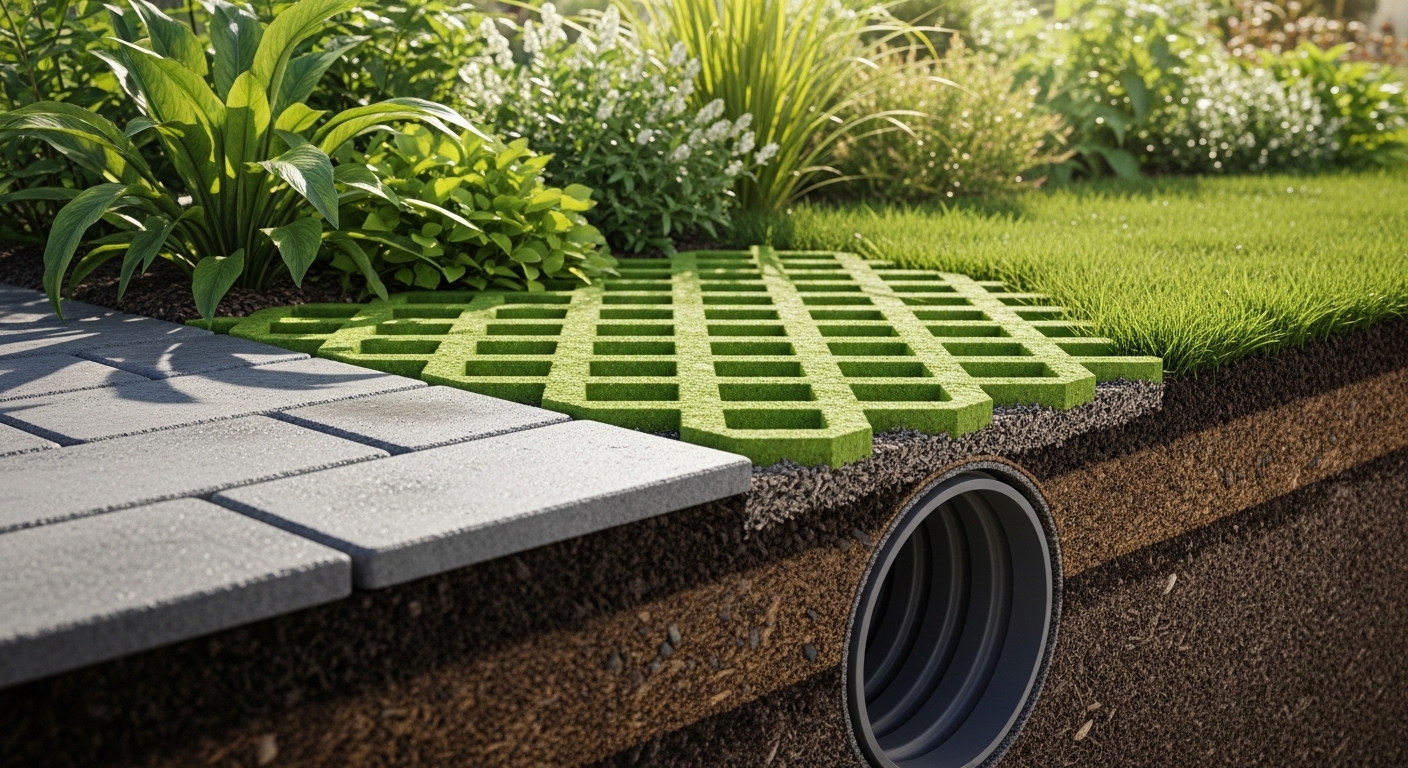 Vista de jardim de chuva e pavimento permeável com tubos de drenagem subterrânea