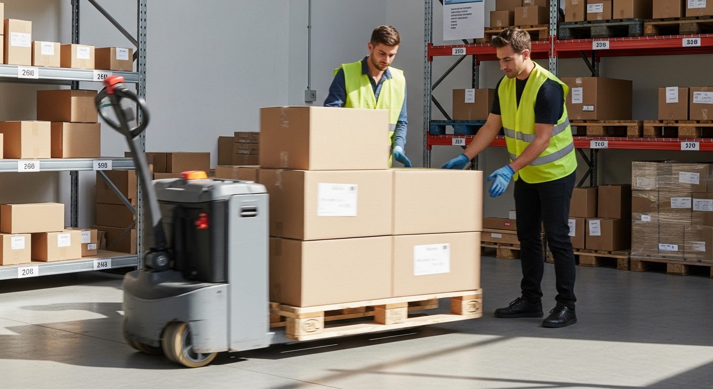 Operador usando transpaleta elétrica em armazém moderno