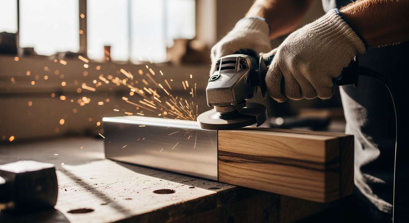 Artista usando esmerilhadeira para acabamento em peça de madeira e metal