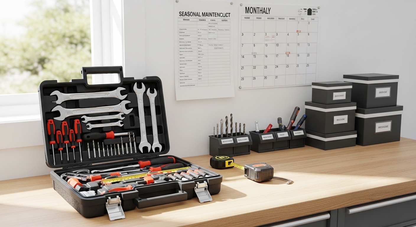 Kit de ferramentas organizado em bancada para manutenção preventiva em casa