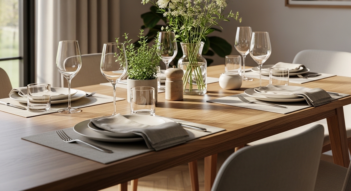 Mesa de jantar em casa com louça minimalista, copos do dia a dia e taças de vinho sob luz natural