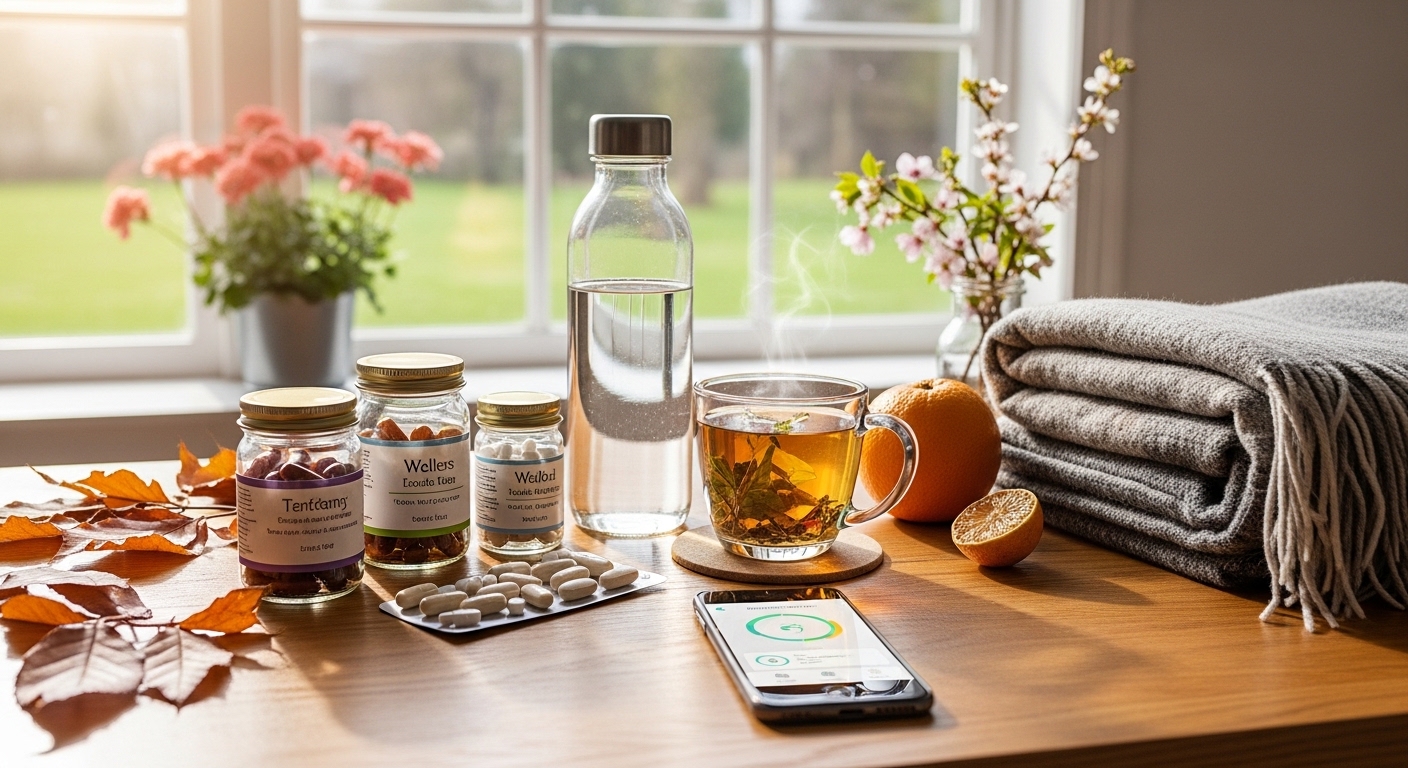 Kit de bem-estar doméstico com vitaminas, chá e smartphone em mesa iluminada