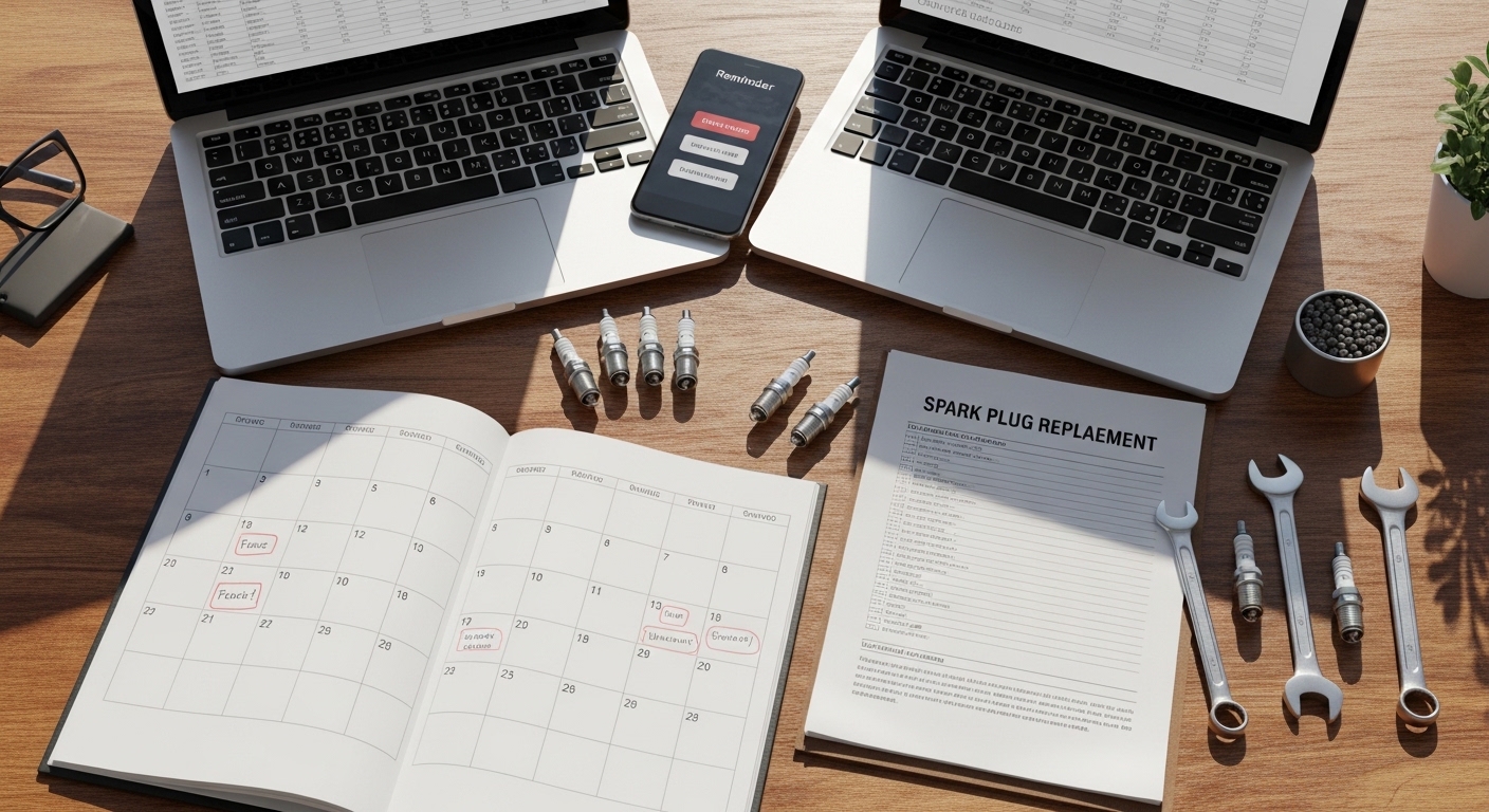 Plano de manutenção de carro com calendário, laptop e ferramentas