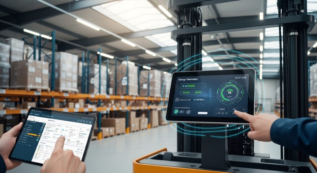 Empilhadeira elétrica conectada em armazém moderno com operador usando tablet