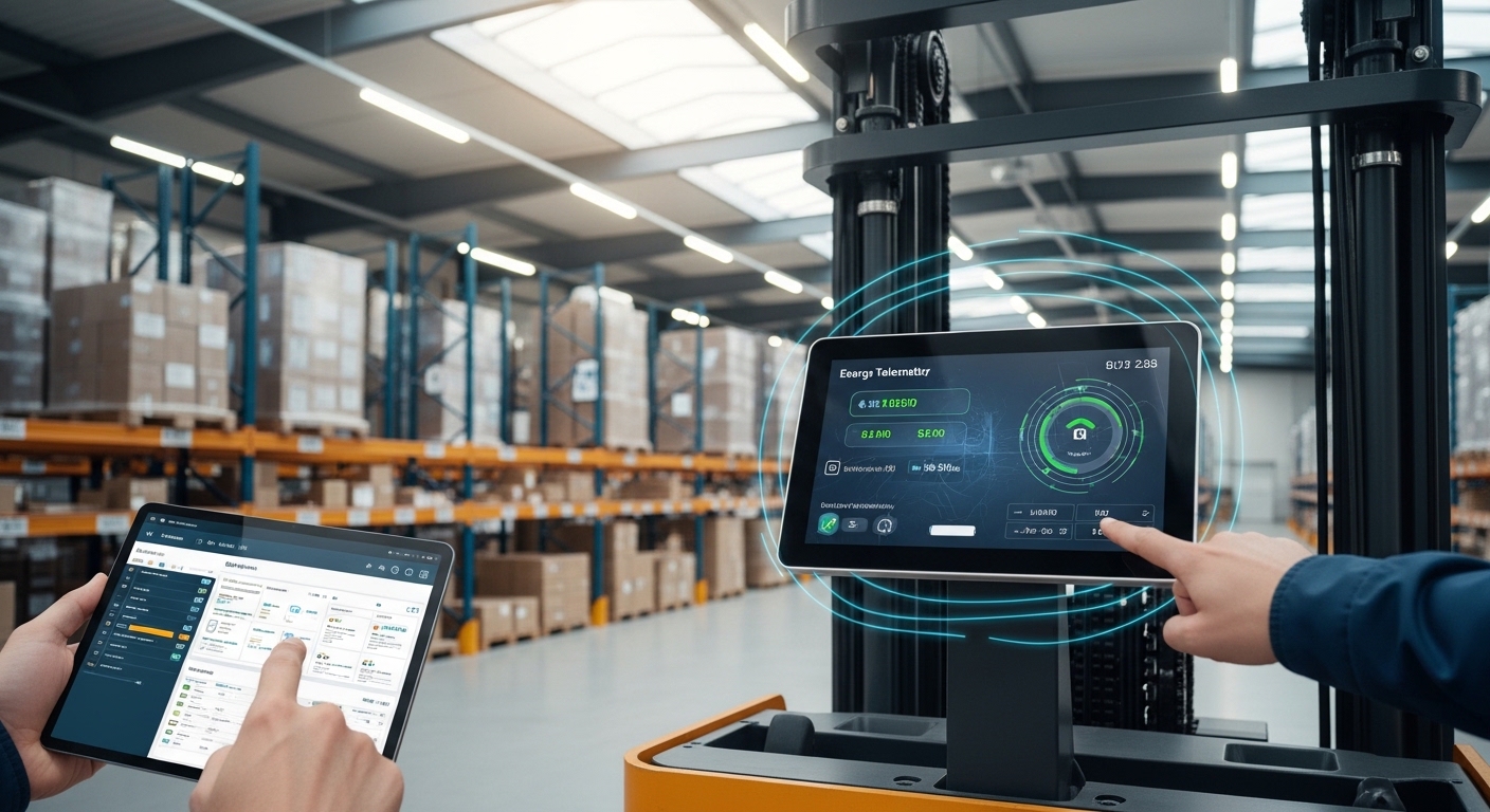 Empilhadeira elétrica conectada em armazém moderno com operador usando tablet