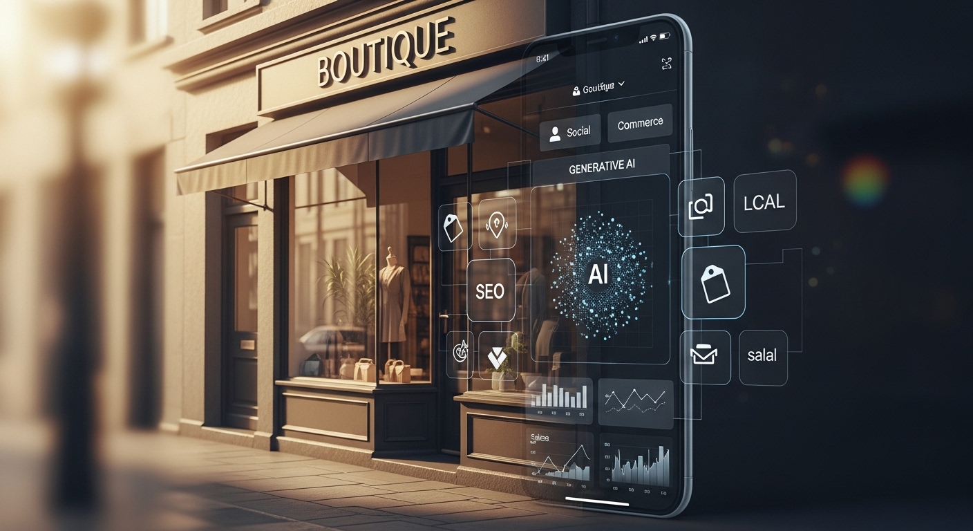 Boutique física se transformando em feed digital com ícones de vendas e gráficos