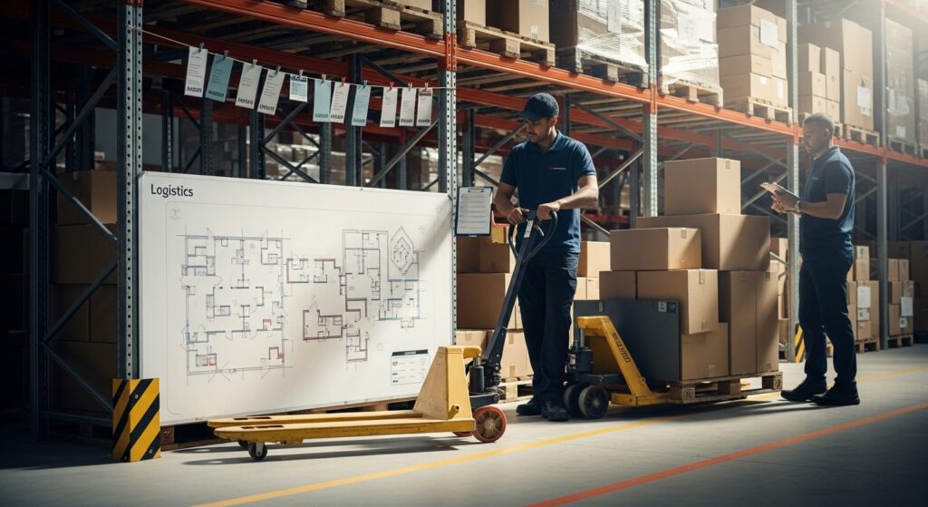 Equipe em galpão logístico usando transpaleteiras e checando fluxo de materiais