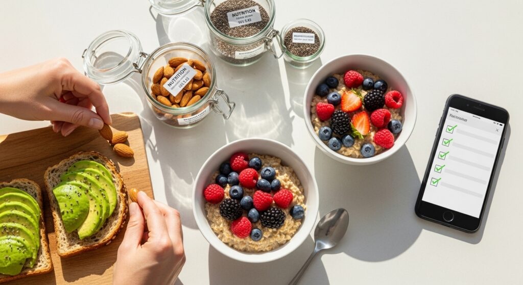 Mesa de cozinha com refeição equilibrada e checklist de compras no smartphone