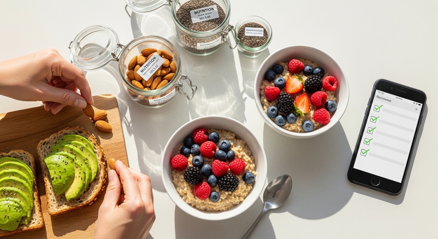 Mesa de cozinha com refeição equilibrada e checklist de compras no smartphone