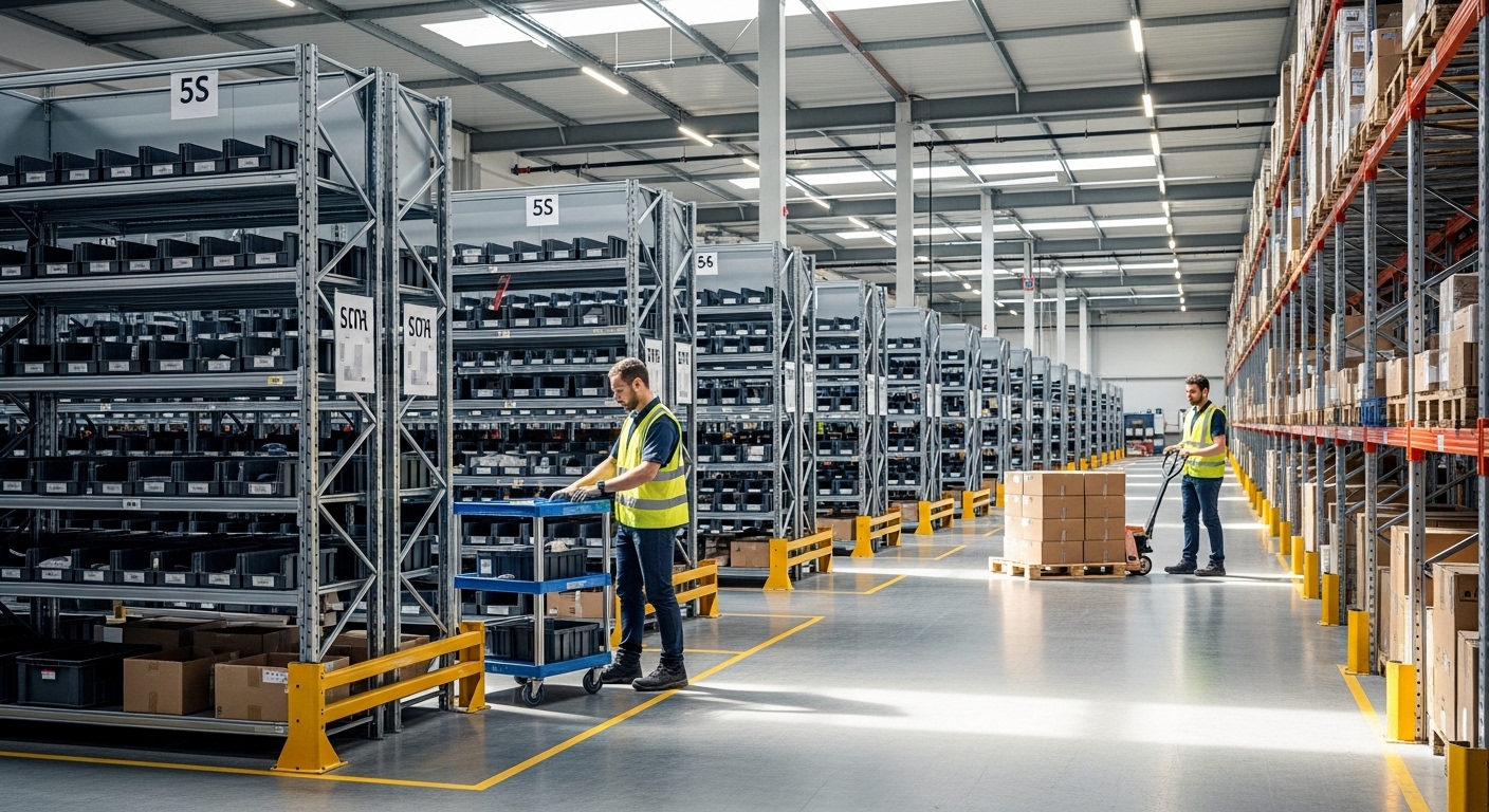 Armazém organizado com prateleiras modulares, carrinhos de reposição e trabalhador usando transpalete manual
