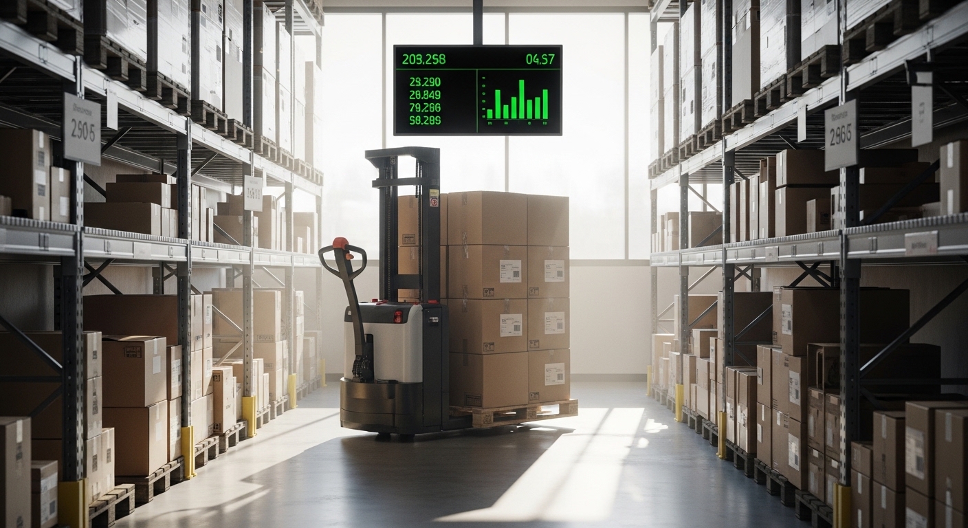 Transpaleta elétrica transporta caixas em depósito organizado