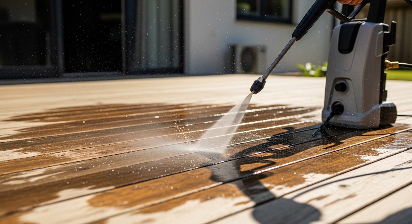 Pessoa usando lavadora de alta pressão portátil para limpar varanda de madeira em dia ensolarado