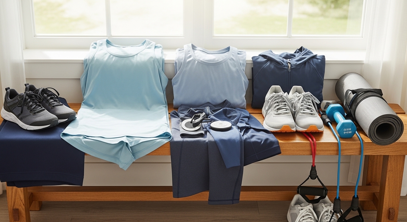 Kit de treino organizado com roupas e acessórios para todas as estações