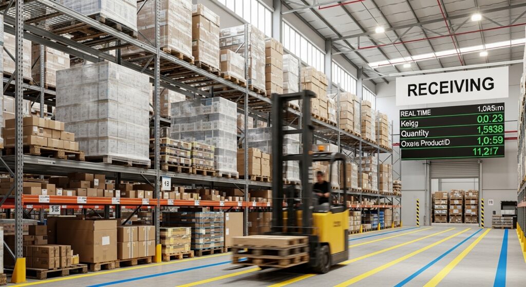 Empilhadeira circulando em armazém com trilhas visuais e prateleiras organizadas