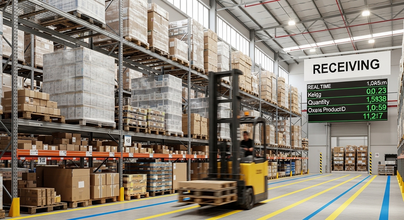 Empilhadeira circulando em armazém com trilhas visuais e prateleiras organizadas