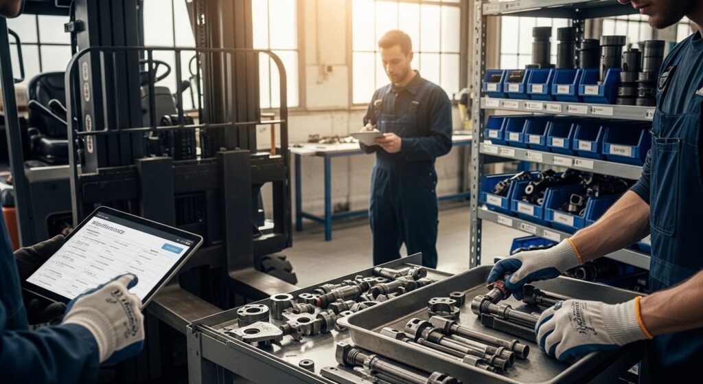 Técnico faz manutenção em empilhadeira em oficina industrial