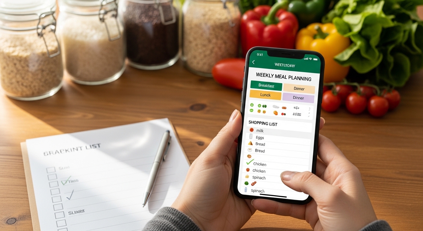 Pessoa planejando o cardápio semanal e lista de compras sobre mesa de madeira com smartphone e mantimentos