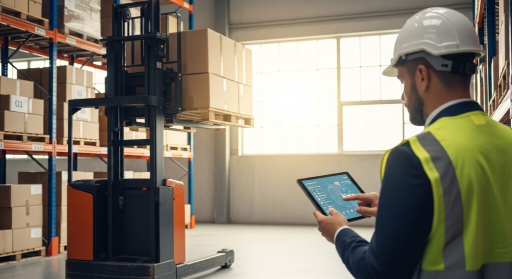Empilhadeira eletrica levantando pallet enquanto operador verifica tablet com KPIs em armazém moderno