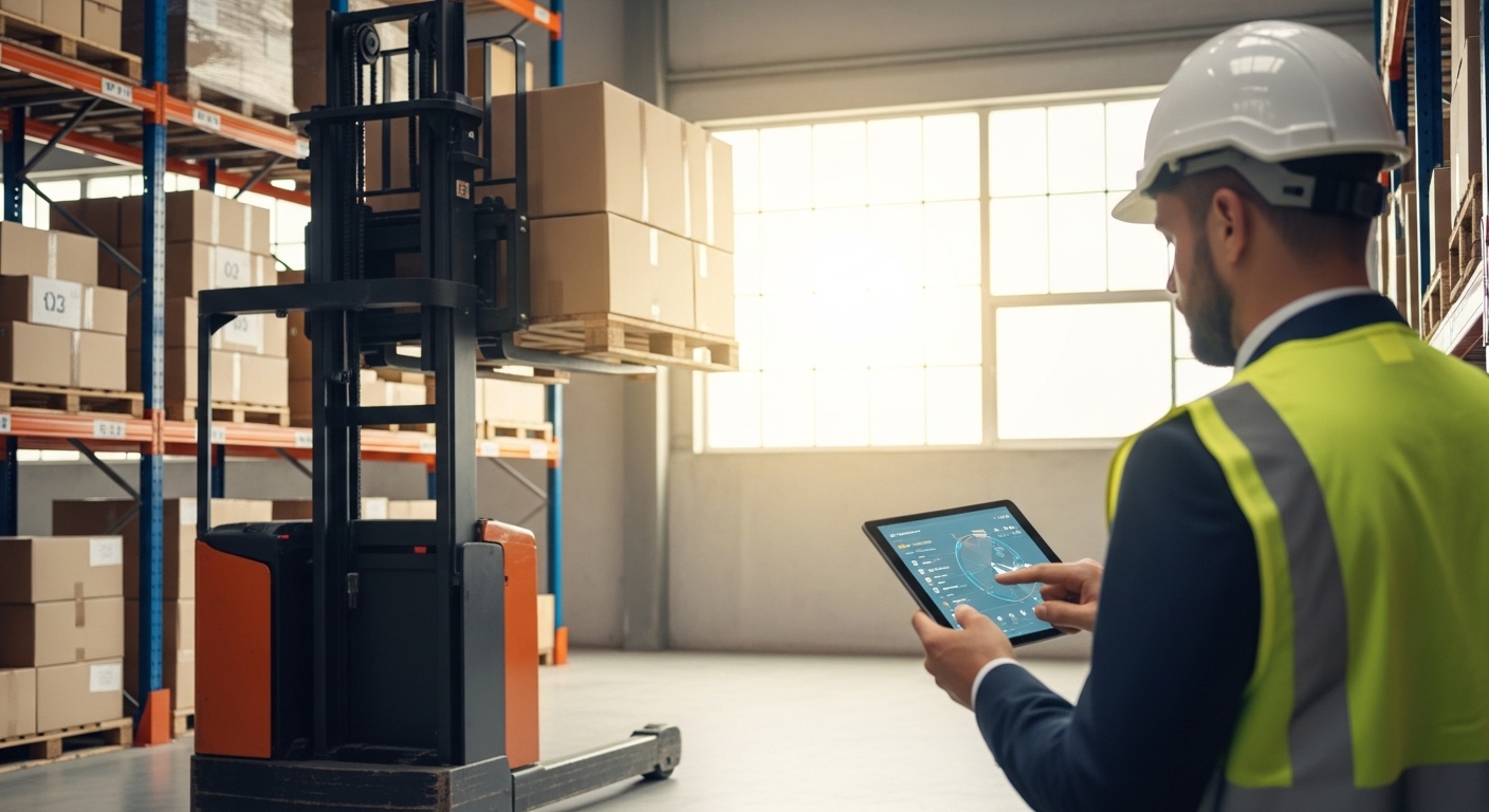 Empilhadeira eletrica levantando pallet enquanto operador verifica tablet com KPIs em armazém moderno