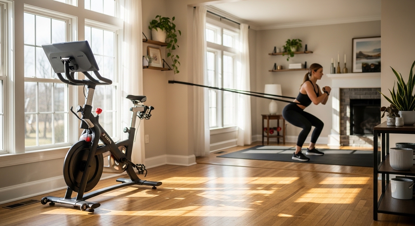 Pessoa usando bicicleta ergométrica e elástico para exercícios em sala iluminada pelo sol