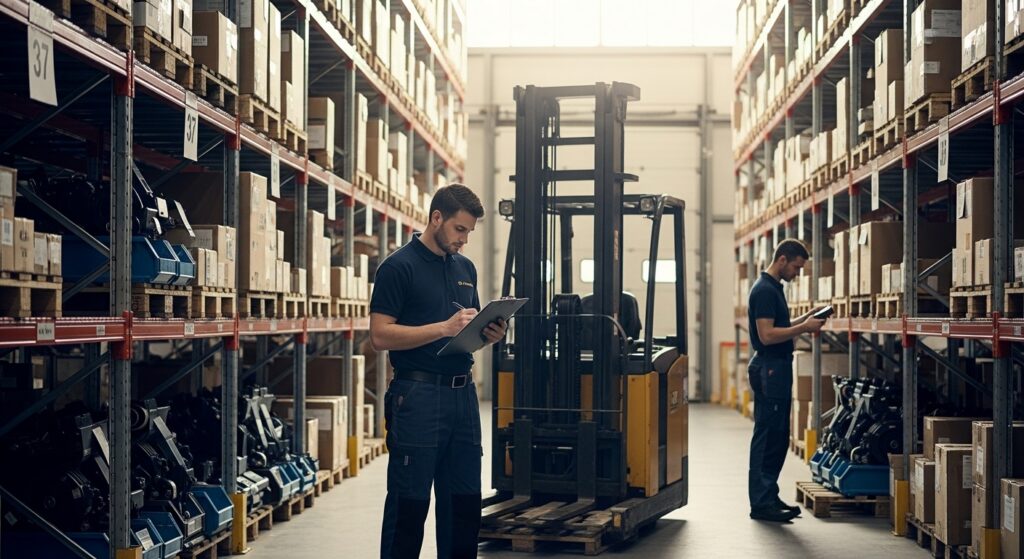 Funcionário verifica checklist de manutenção em empilhadeira em armazém organizado