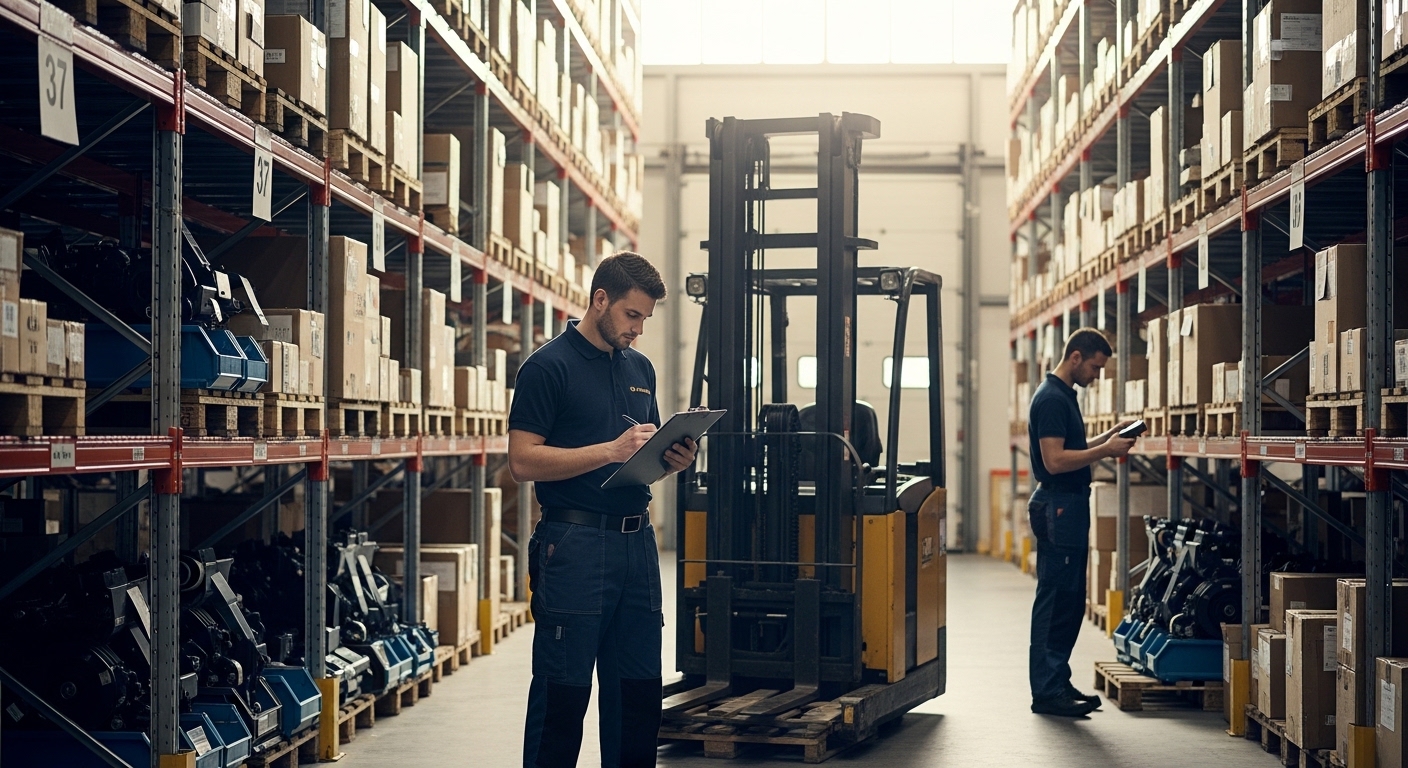 Funcionário verifica checklist de manutenção em empilhadeira em armazém organizado