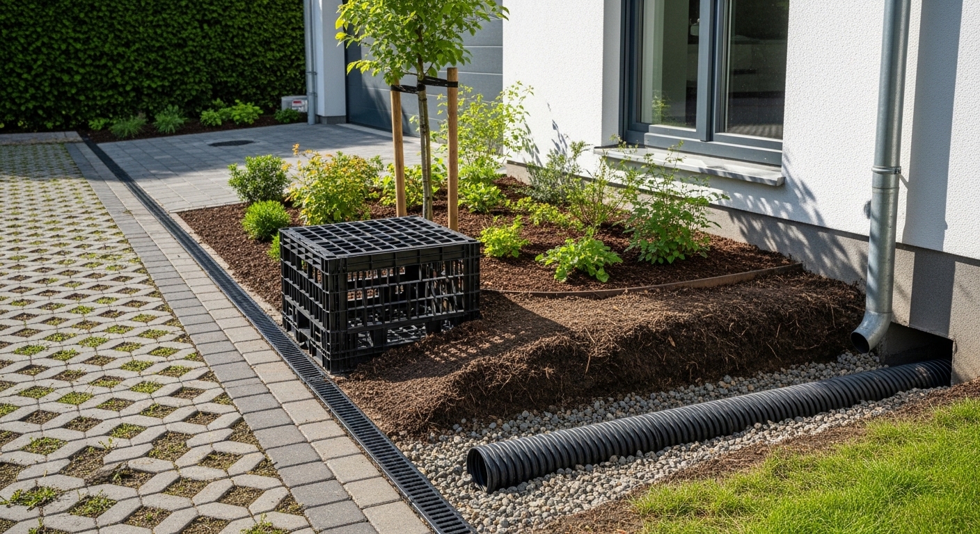 Casa moderna com drenagem sustentável mostrando calçadas permeáveis, caixa de retenção e tubo corrugado