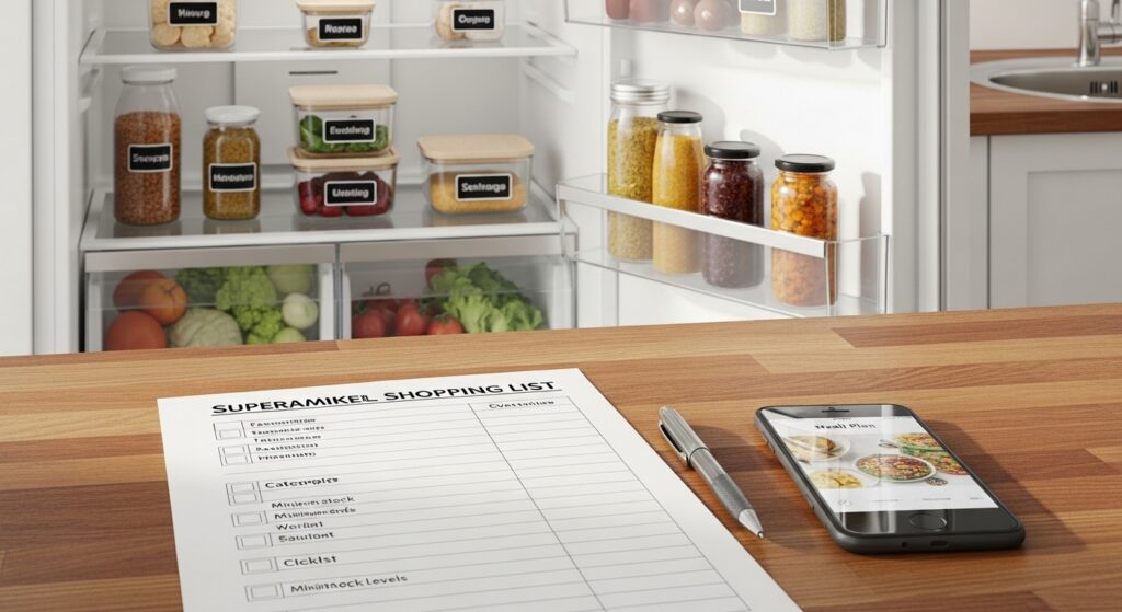 Lista de compras categorizada e geladeira organizada em cozinha iluminada