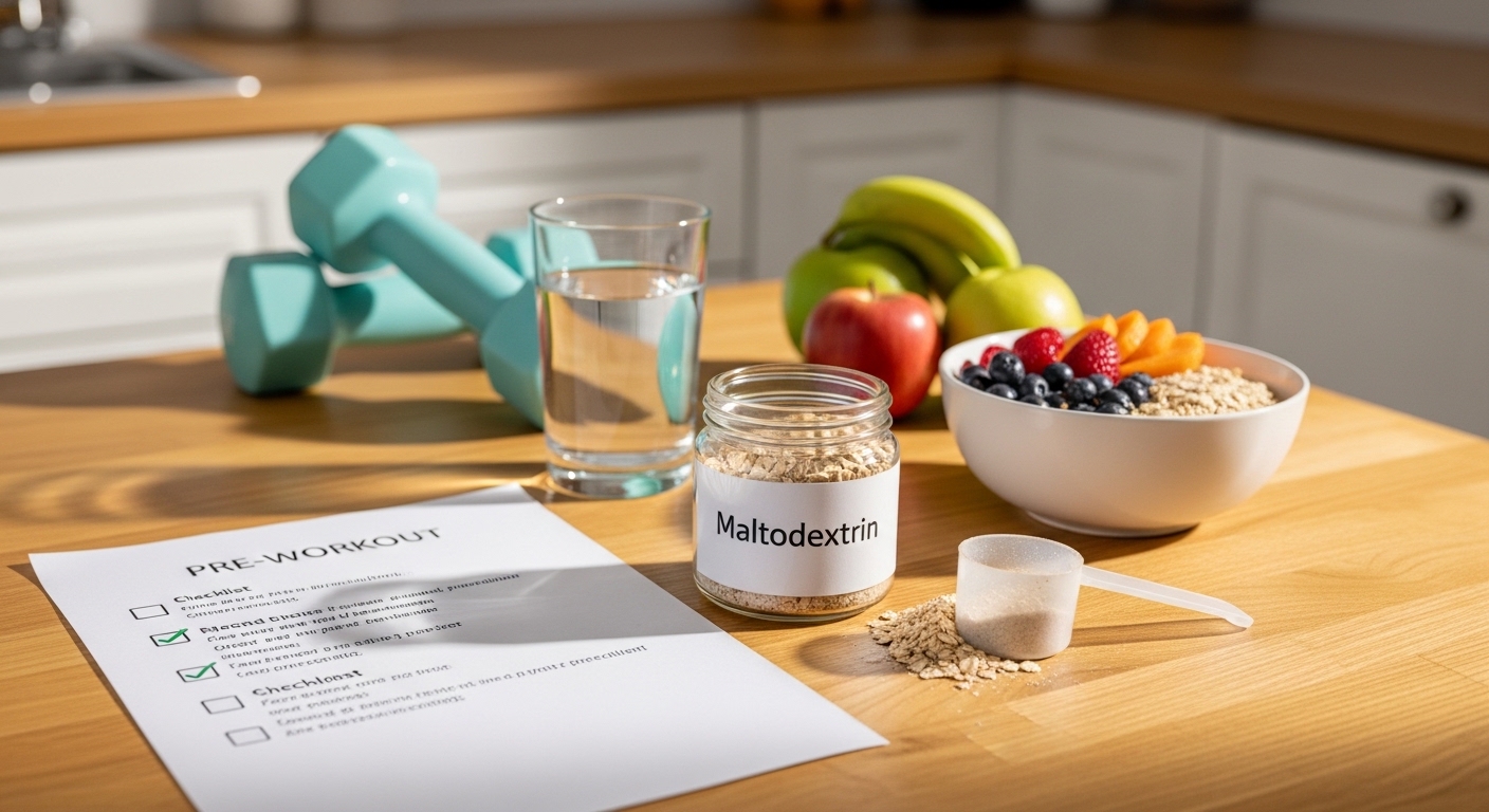 Cenário de manhã com mesa de café da manhã saudável e checklist pré-treino