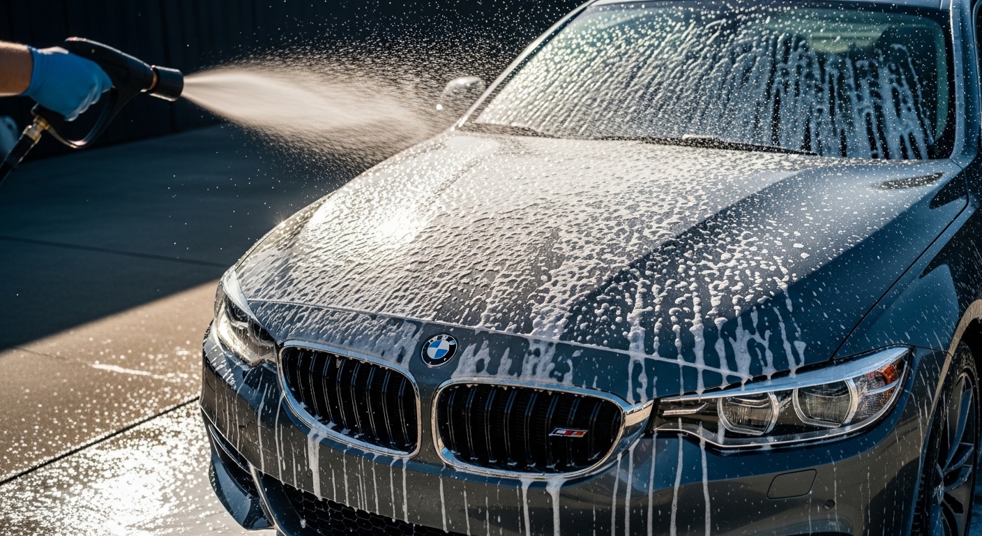 Carro recebendo espuma ativa snow foam em uma garagem ensolarada