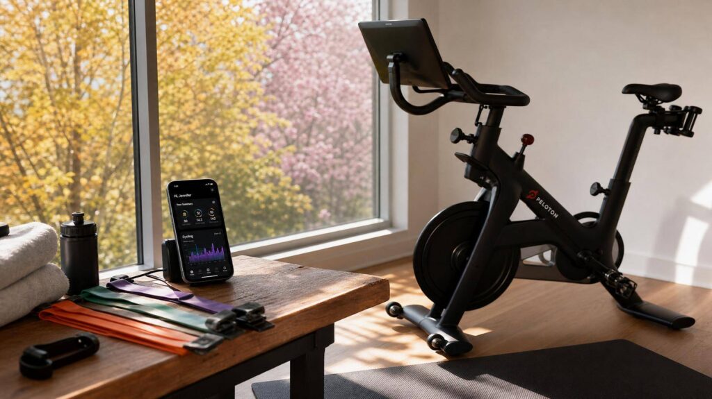 Canto de treino em casa com bicicleta ergométrica, elásticos e smartphone exibindo app de exercícios, luz natural e cenário das estações