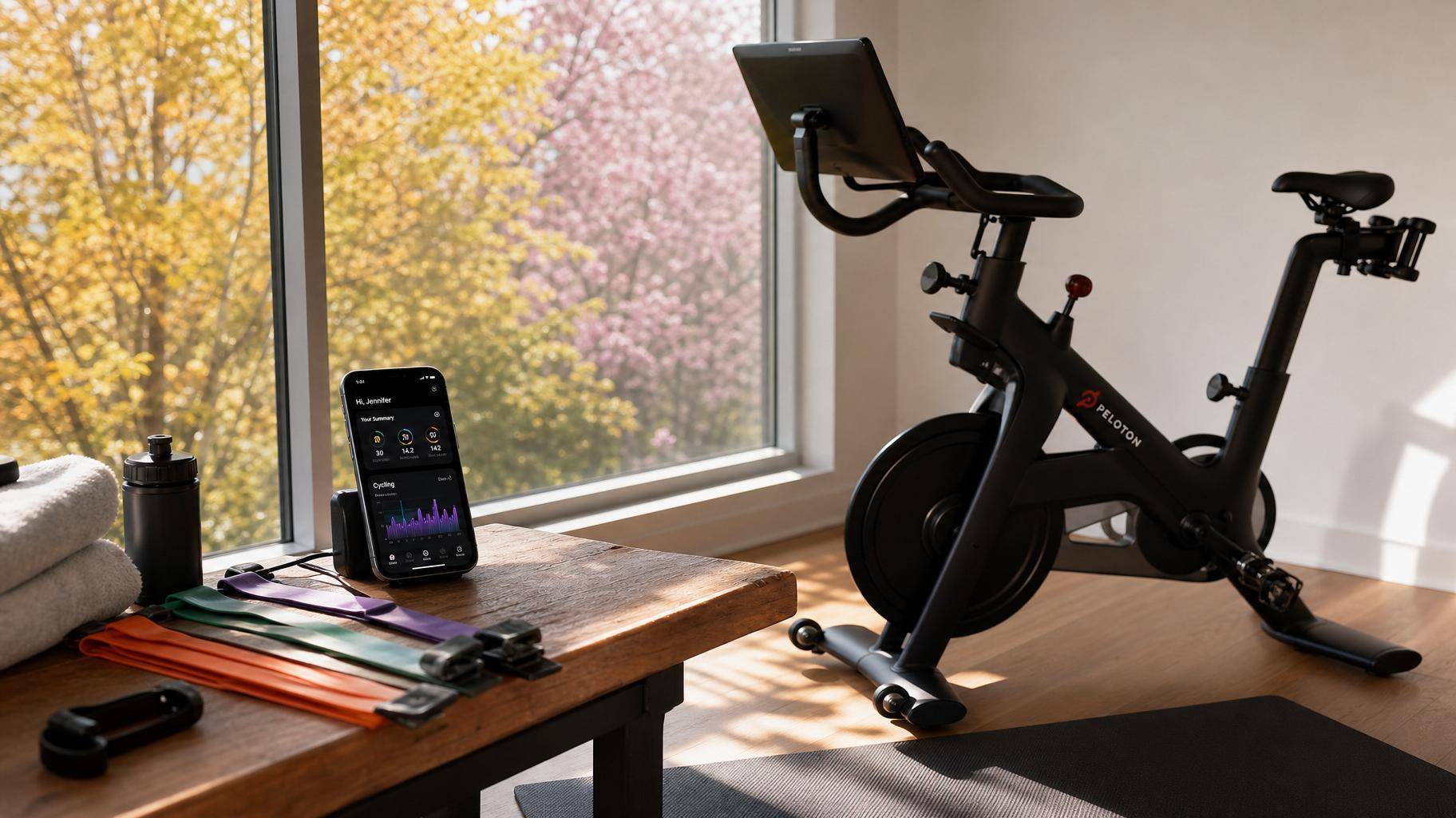 Canto de treino em casa com bicicleta ergométrica, elásticos e smartphone exibindo app de exercícios, luz natural e cenário das estações