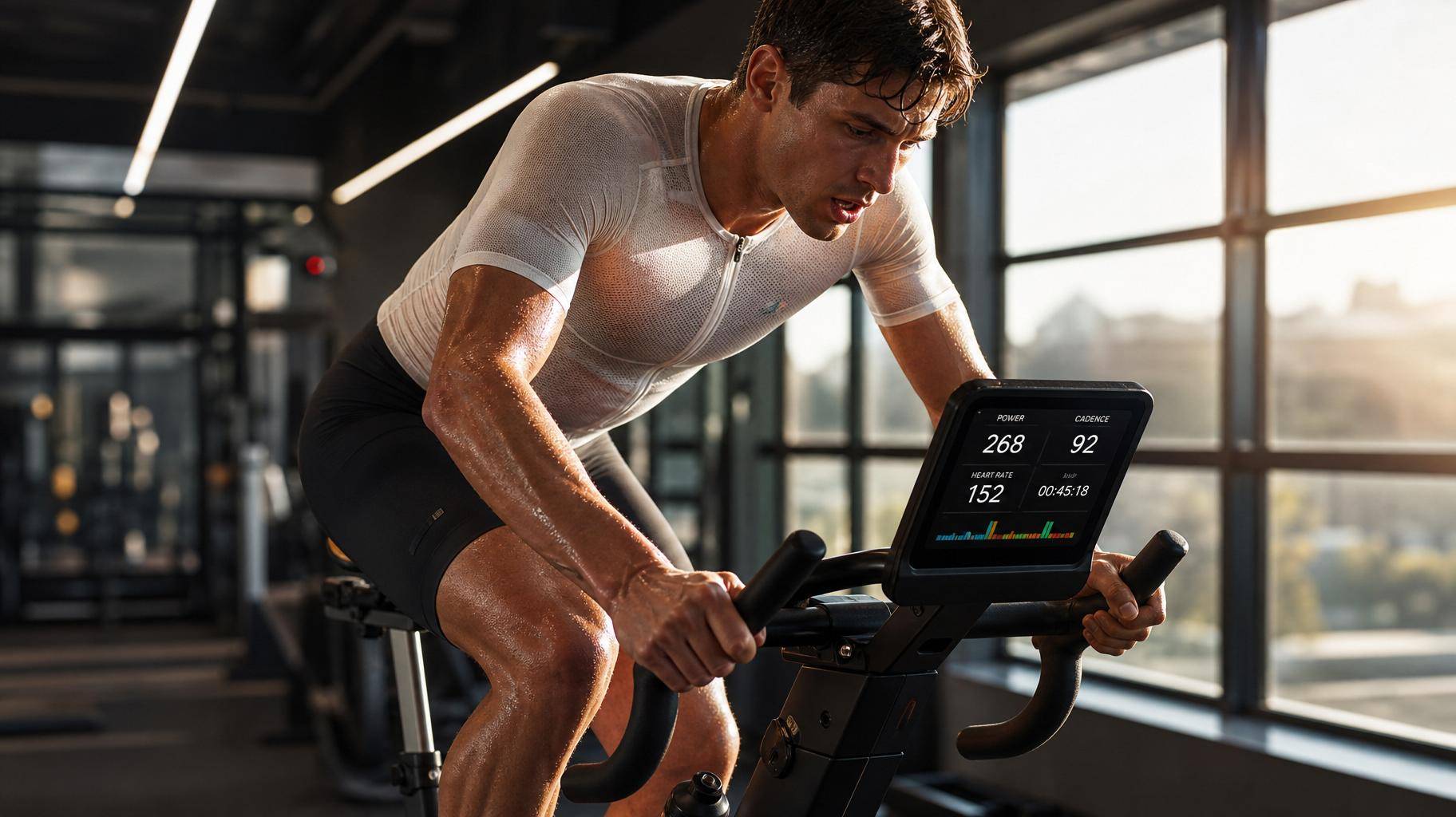 Atleta realizando cardio intenso em bicicleta ergométrica profissional em academia moderna
