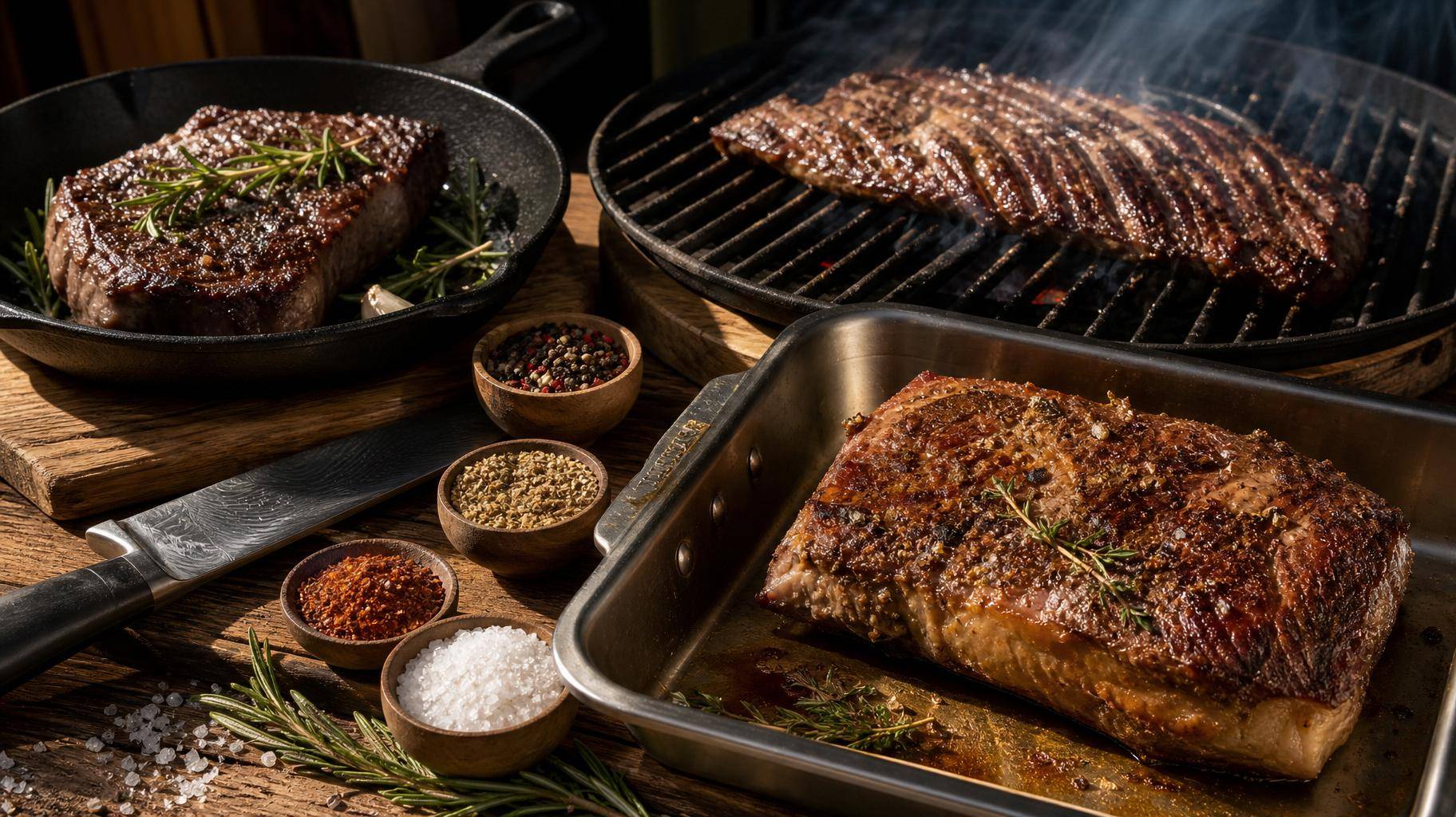 Três cortes de carne (alcatra, fraldinha e contra filé) preparados em frigideira, grelha e forno