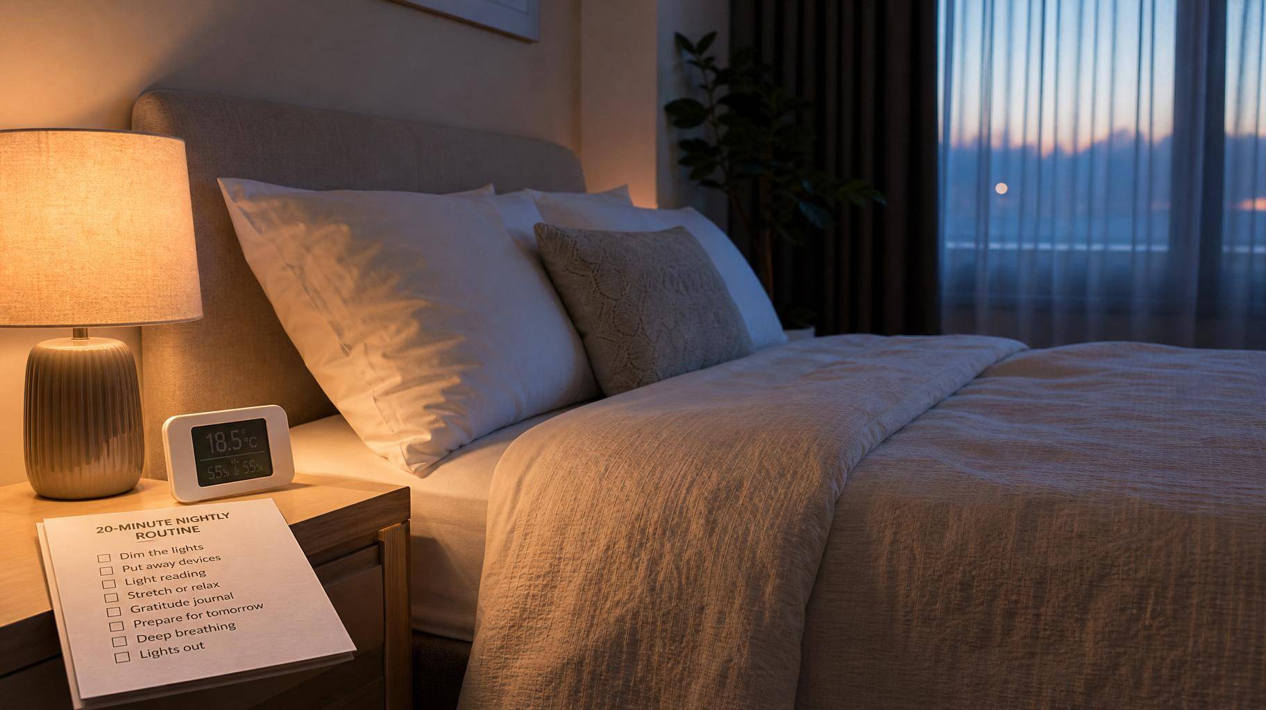 Quarto organizado com cama de casal ergonômica e checklist noturno