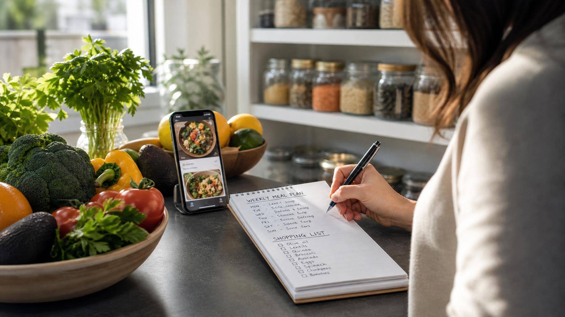 Mãos escrevendo lista de compras semanal rodeadas por alimentos frescos em cozinha iluminada