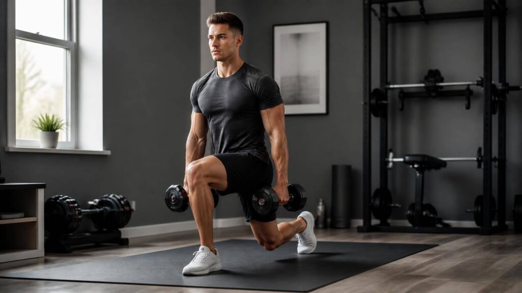Atleta realizando treino de força com halteres em um espaço compacto em casa