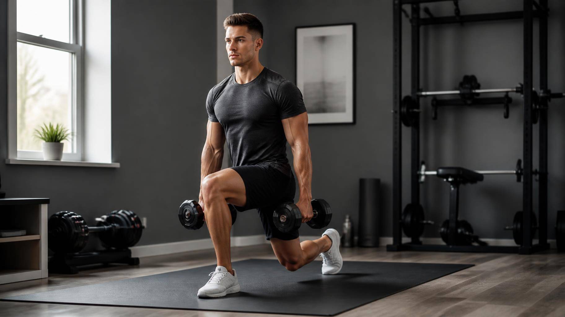Atleta realizando treino de força com halteres em um espaço compacto em casa