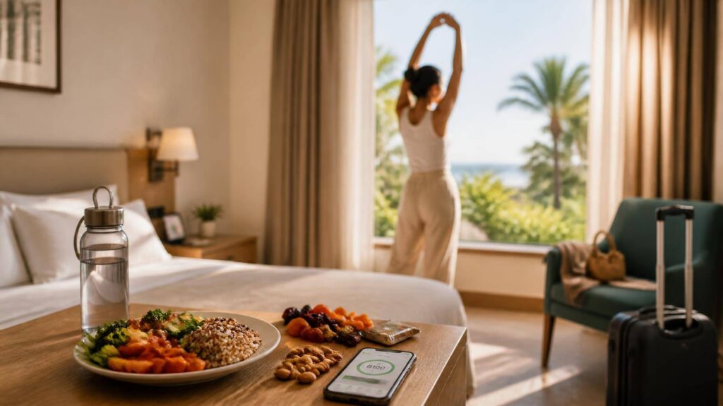 Viajante esticando os braços em quarto de hotel iluminado, com refeição saudável e smartphone