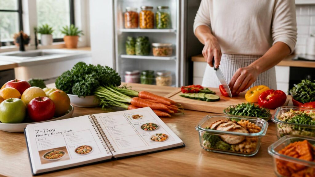 Bancada de cozinha com frutas e verduras frescas, um caderno aberto com plano de refeições, mãos cortando legumes e potes de vidro com refeições pré-preparadas.