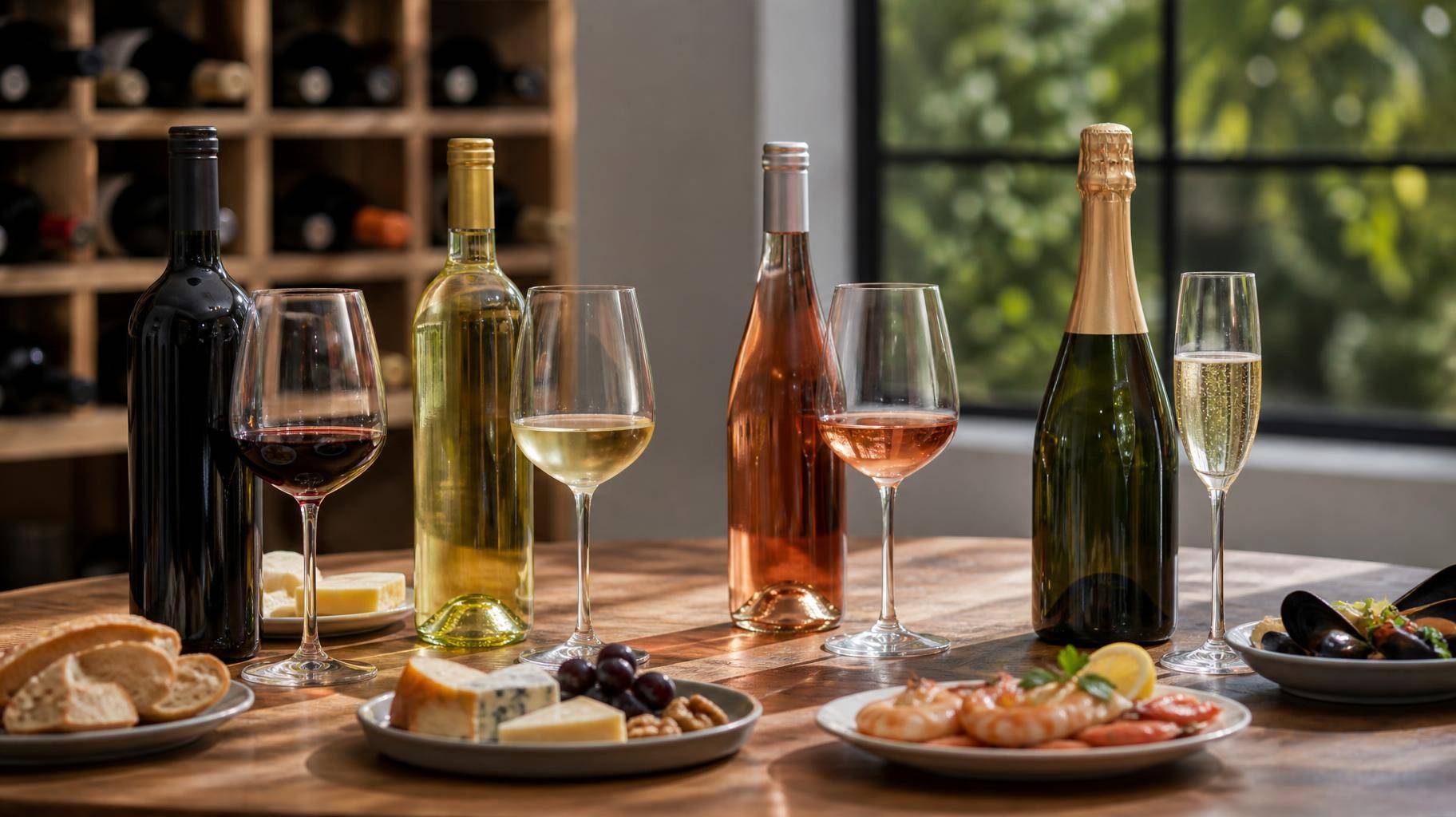 Mesa de madeira com quatro garrafas de vinho sem rótulos, taças, pratos com queijos, pães e frutos do mar, e uma adega ao fundo.